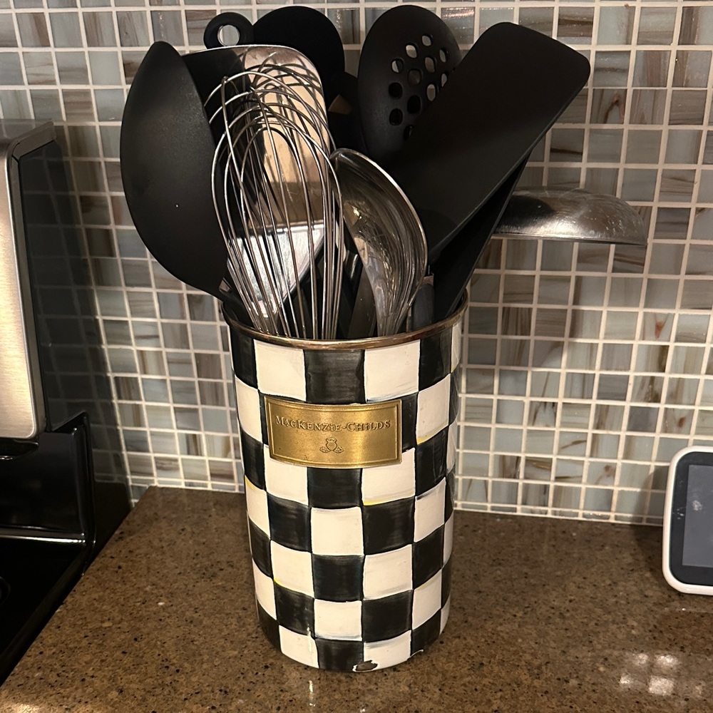MacKenzie-Childs Courtly Black and White Check Utensil Holder